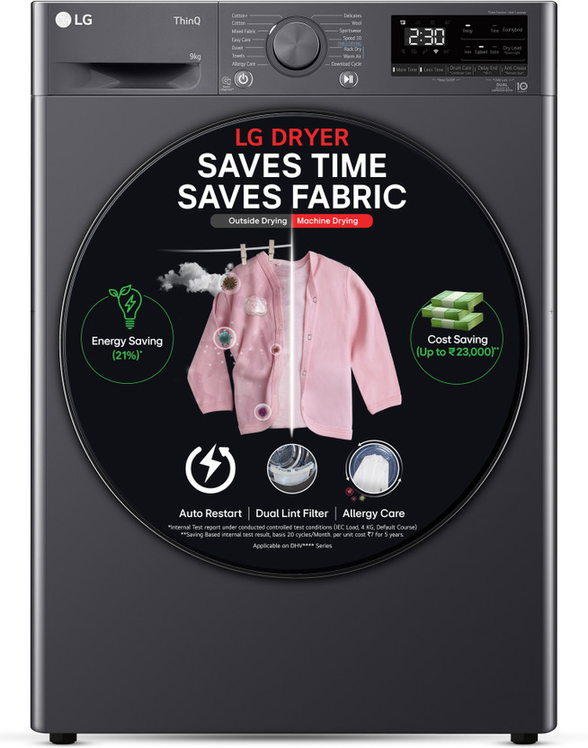 LG 9 Kg Dual Inverter Heat Pump, Wi-Fi, EcoHybrid, Allergy Care, Smart Pairing & Auto Cleaning Condenser Dryer Grey, Black(DHV09SAM)