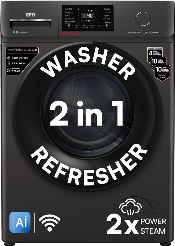 IFB 7 kg 5 Star with Steam Refresh Program, 9 Swirl wash, Eco Inverter, Powered by AI with WiFi Fully Automatic Front Load with In-built Heater Black 