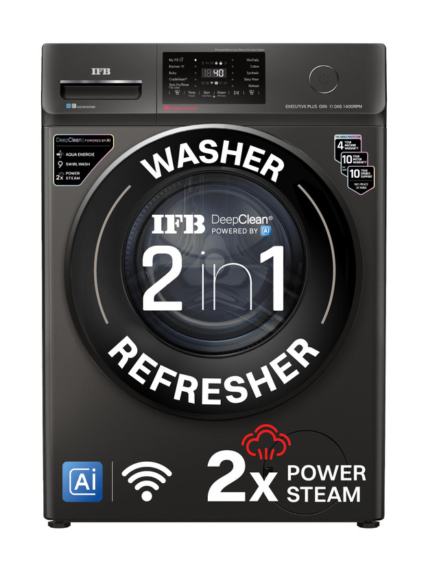 IFB IFB 11 kg with 9 Swirl Wash, 2x Power Steam, Steam Refresh Program, Eco Inverter Motor, WiFi Enabled, DeepClean Powered by Ai Fully Automatic Front Load Washing Machine with In-built Heater Black(EXECUTIVE PLUS OXN 1114 CMS) - Flipkart Deal