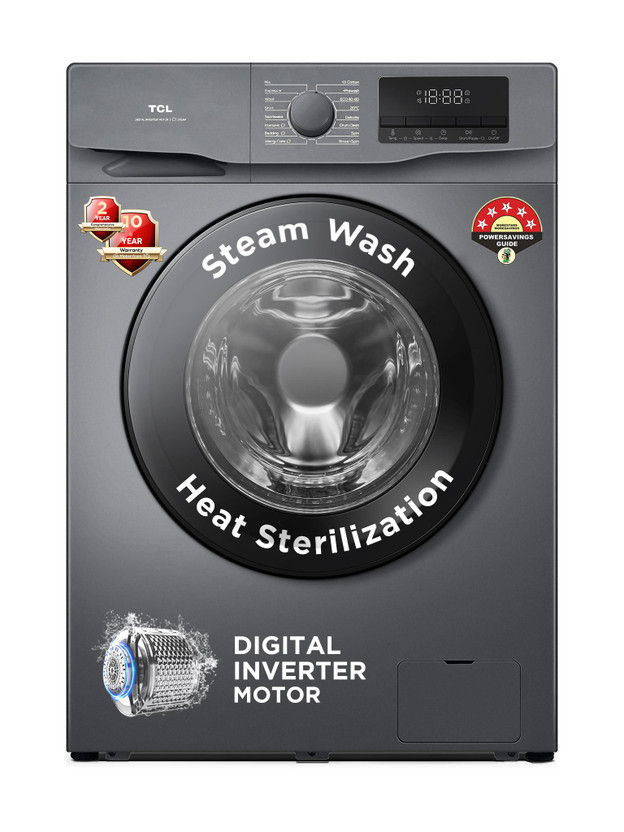TCL 8.5 kg Digital Inverter Motor| 1400 RPM | Fully Automatic Front Load Washing Machine with In-built Heater Grey(P6085FLS)