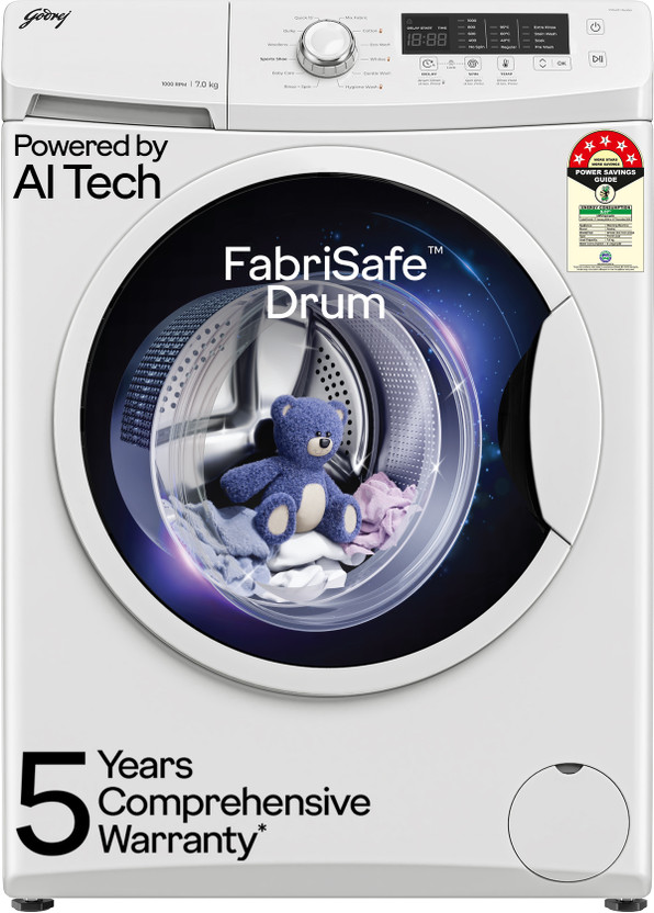 Godrej 7 kg AI Powered, FabriSafe Drum, Eco Wash Fully Automatic Front Load Washing Machine White(WFEON CRS 7010 5 0 FKEDM GLWH)