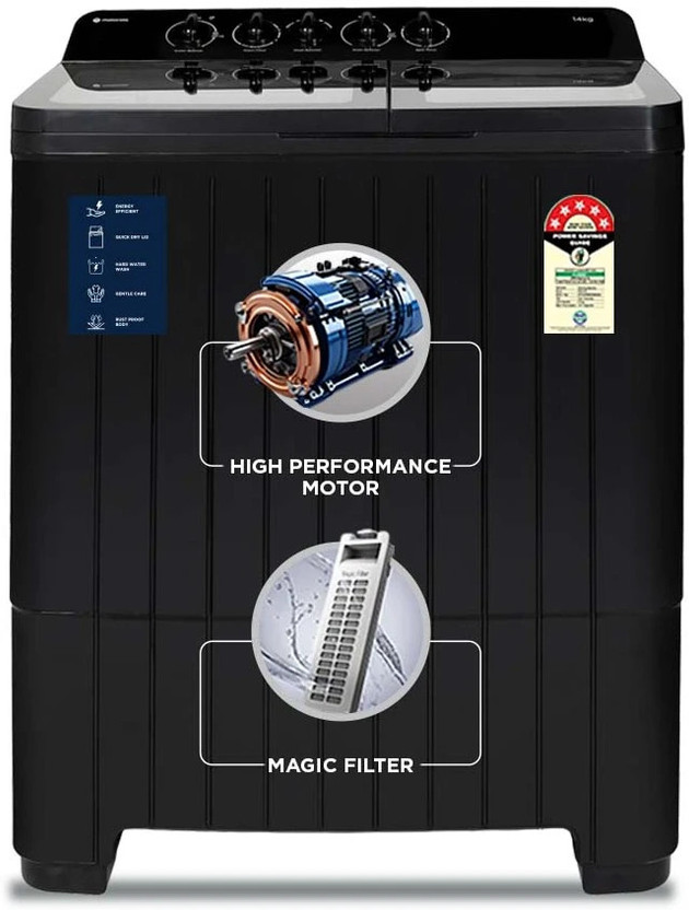 MOTOROLA 14 kg 5 star rating Midnight Series Soft closing Glass lid Semi Automatic Top Load Washing Machine Black(MTSA1405NNNDB)