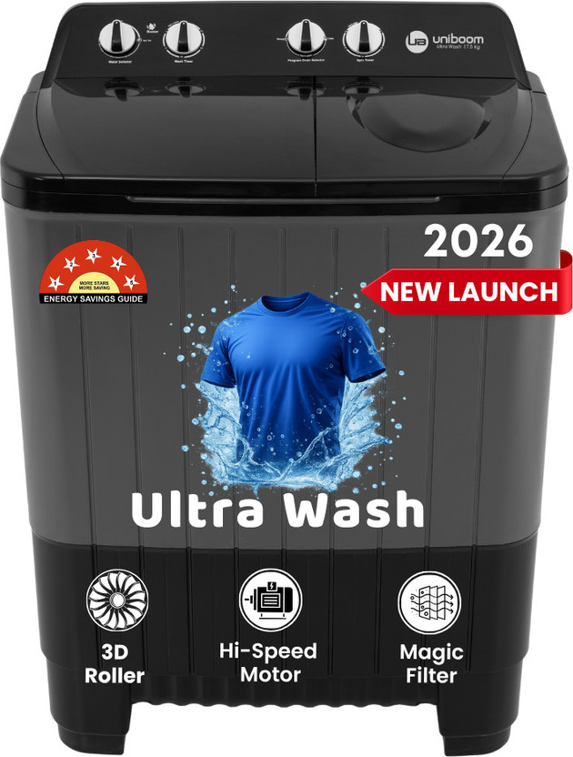 Uniboom 7.5 kg Ultra Wash | Jet Dryer | Portable Wheels | Buzzer | Sleek Design | Magic Filter | Heavy Duty Motor Semi Automatic Top Load Washing Machine Grey, Black(UBSA-75VR-GB)