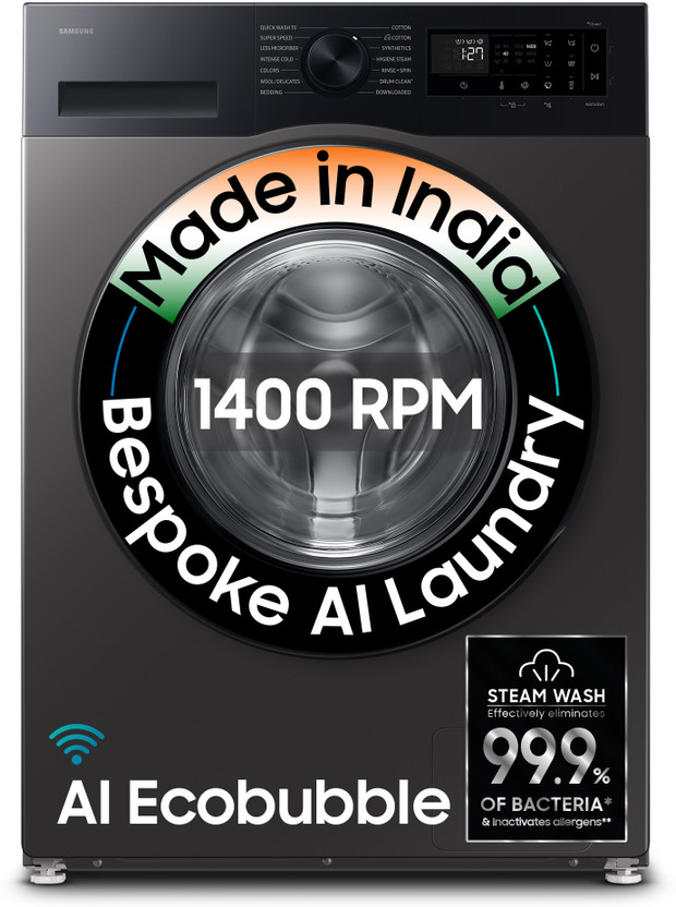 Samsung 12 kg 5 Star, AI Ecobubble, Super Speed, Wi-Fi, Hygiene Steam, Digital Inverter Motor Fully Automatic Front Load Washing Machine with In-built Heater Black, Grey(WW12DG5B24AXTL)