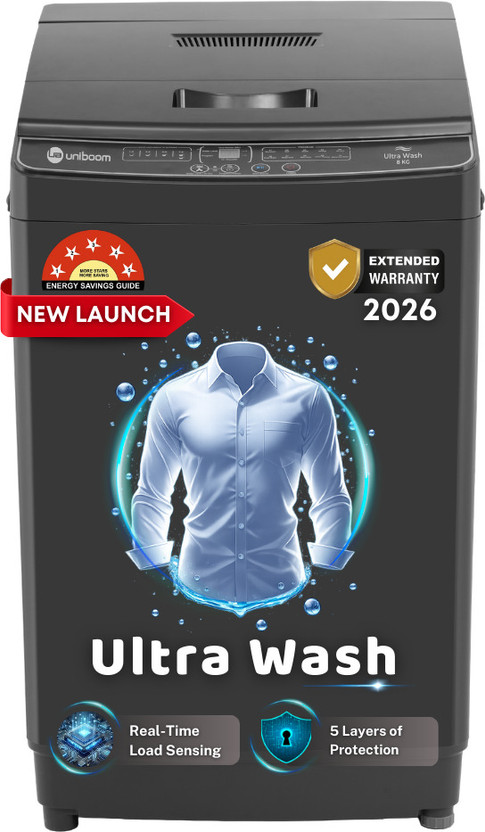 Uniboom 8 kg Ultra Wash | 10 Smart Programs | AI Load Balancer | HD Motor | Detergent Dispenser Fully Automatic Top Load Washing Machine Black(UBFA-80IA-P4B)