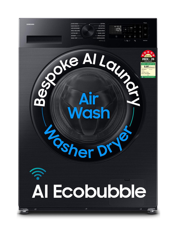 Samsung 12 kg 5 Star, AI EcoBubble, AI Energy Mode, Air Wash, Super Speed, Hygiene Steam, Wi-Fi, Digital Inverter Fully Automatic Front Load Washing Machine with In-built Heater Black(WD12FG5B34BBTL)