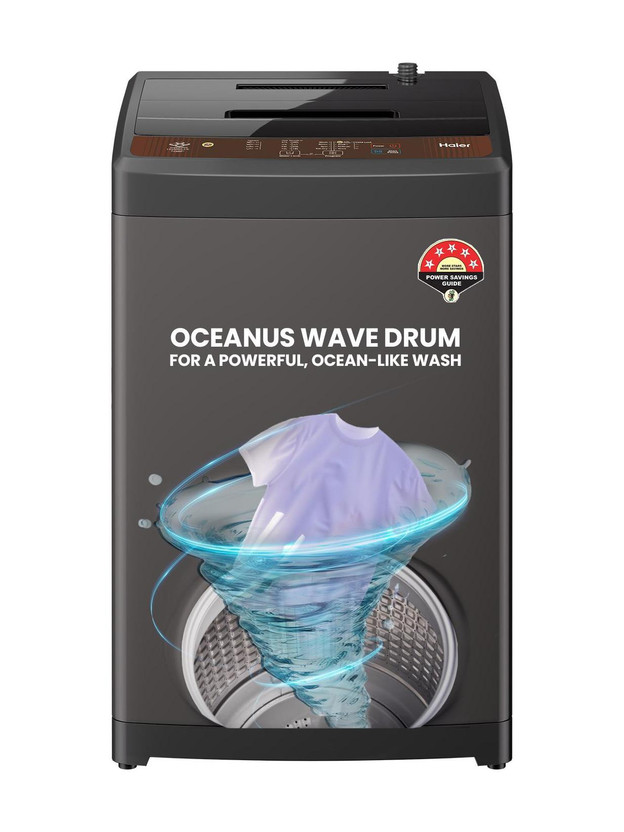 Haier 7 kg Powerful Oceanus Wave Drum, Smart Fuzzy Control, Balance Clean Pulsator, Custom Wash Cycles with 15 Mins Quick Wash, Magic Filter, Fully Automatic Top Load Washing Machine Brown, Grey(HWM70-FES5)