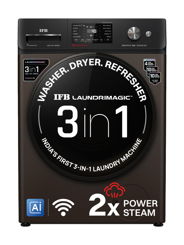 IFB 9/6 kg Washer with Dryer AI Powered, 30 min Steam Refresh Program, 100% Dry Ready-to-Wear Clothes, Eco Inverter Motor, 9 Swirl Wash Mimic Handwashing, Fully Automatic with Hot Water Wash, WiFi Connectivity with In-built Heater Brown(WDR EXECUTIVE ZMN 9/6/3 ,WDR EXECUTIVE ZMN 9/6/3 CMS)