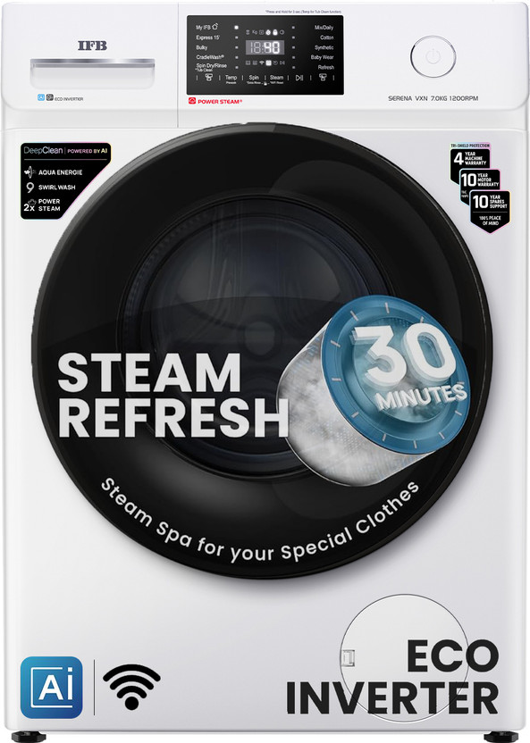 IFB 7 kg 5 Star with Steam Refresh Program, 9 Swirl wash, Eco Inverter, Powered by AI with Wi Fi Fully Automatic Front Load Washing Machine with In-built Heater White(SERENA VXN 7012 CMS)