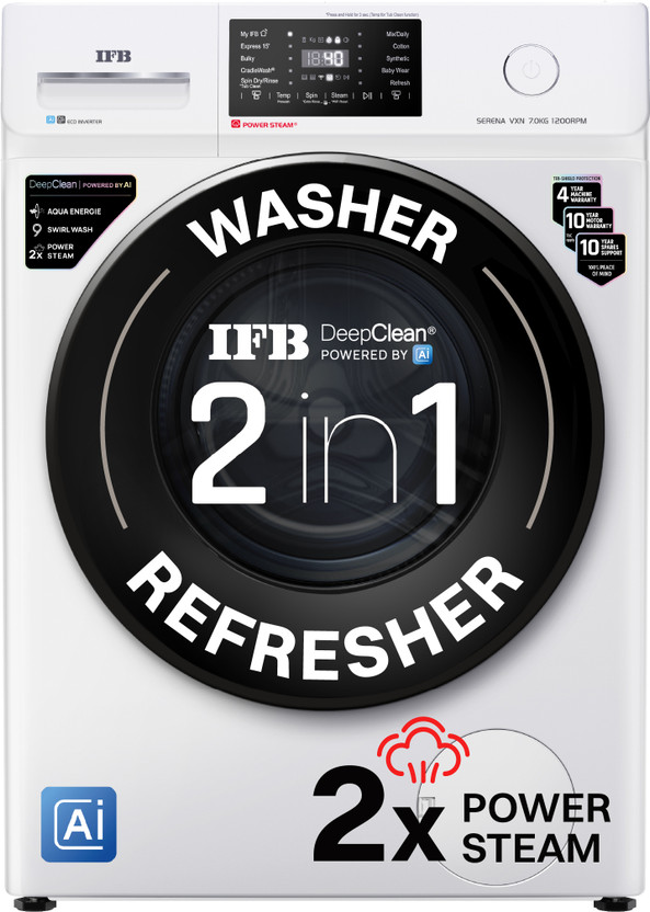 IFB 7 kg 5 Star with Steam Refresh Program, 9 Swirl wash, Eco Inverter, Powered by AI with Wi Fi Fully Automatic Front Load Washing Machine with In-built Heater White(SERENA VXN 7012 CMS)