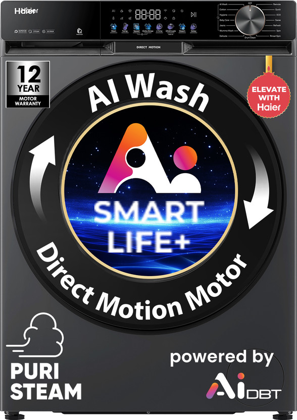 Haier Haier 12 kg 5 Star with AI Smart LIFE+, Vibrant Touch Panel, Stain Pro Technology, ABT, Refresh, 525 mm Super Drum, Direct Motion Motor, WiFi Enabled, Washer Fully Automatic Front Load Washing Machine with In-built Heater Black(EFL120-DM14F5ES8U1) - Flipkart Deal