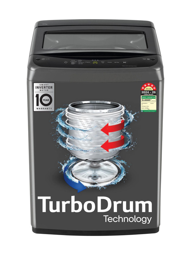 LG 8 kg 5 Star, Smart Inverter Technology, TurboDrum, Smart Diagnosis with Soft Closing Door Fully Automatic Top Load Washing Machine Black(T80VBMB4Z)