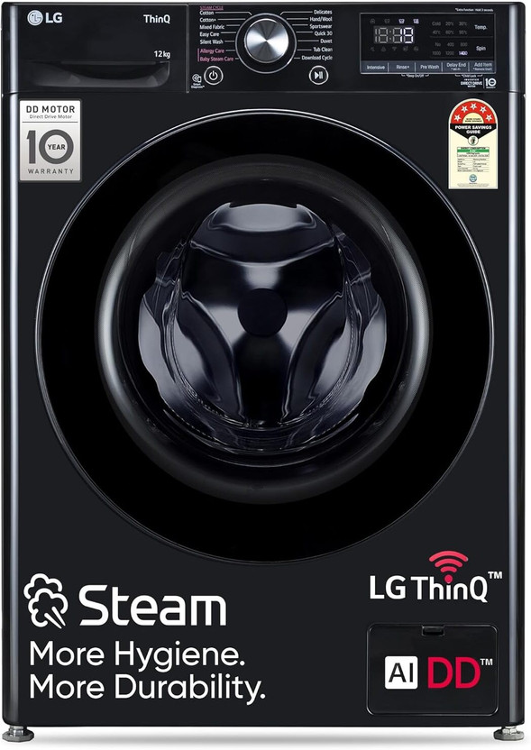 LG 12 kg 5 Star, AI Direct Drive Technology, Wi-Fi Enabled, Steam Wash, Intelligent & Convenient Fabric Care, Allergy Care, Remote Control Fully Automatic Front Load Washing Machine with In-built Heater Black(FHP1412Z5O)