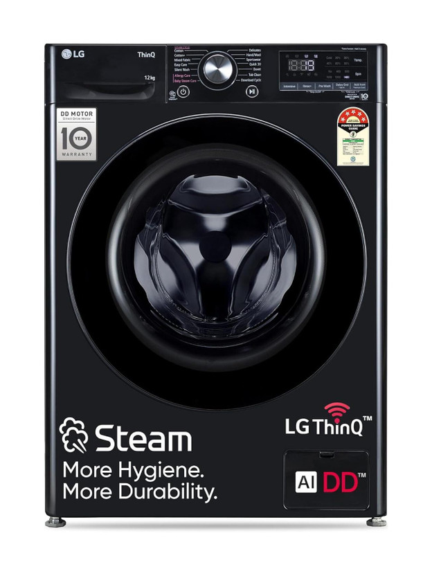 LG LG 12 kg 5 Star, AI Direct Drive Technology, Wi-Fi Enabled, Steam Wash, Intelligent & Convenient Fabric Care, Allergy Care, Remote Control Fully Automatic Front Load Washing Machine with In-built Heater Black(FHP1412Z5O) - Flipkart Deal
