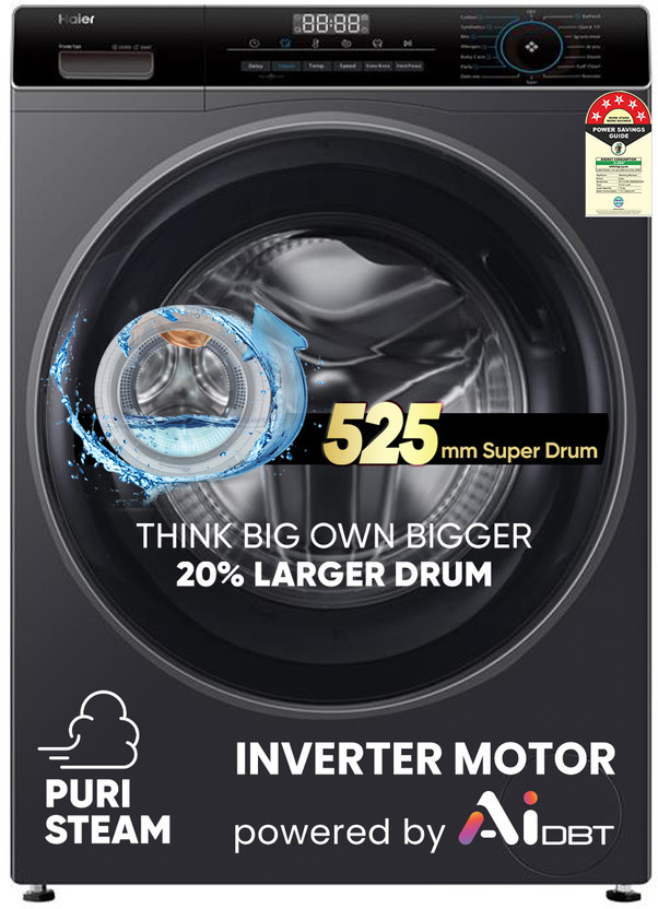 Haier 7 kg 5 Star with Powered by AI-DBT, Inverter Motor, Inbuilt Heater, 525 mm Super Drum, Washer Fully Automatic Front Load Washing Machine with In-built Heater Grey, Black(EFL70-IM12IBIES8)