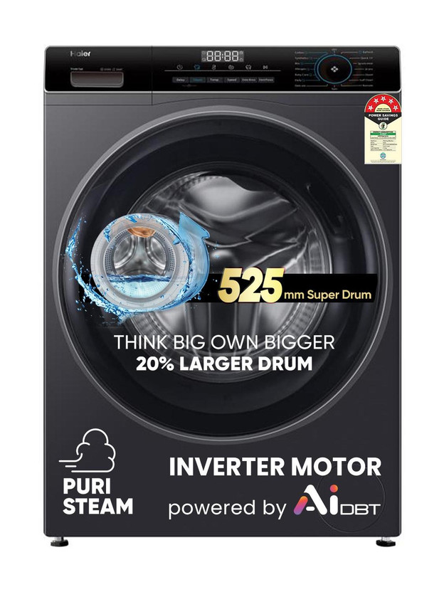 Haier 7 kg 5 Star with Powered by AI-DBT, Inverter Motor, Inbuilt Heater, 525 mm Super Drum, Washer Fully Automatic Front Load Washing Machine with In-built Heater Grey, Black(EFL70-IM12IBIES8)