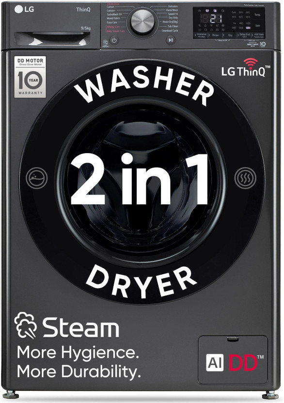 LG 9/5 kg Washer with Dryer AI Direct Drive Technology, Wi-Fi Enabled , Steam reduce germs & allergens, TurboWash Ready to Wear Clothes with In-built Heater with In-built Heater Black(FHD0905SWM)