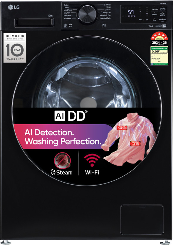 LG LG 12 kg 5 Star, AI Direct Drive - Intelligent & Convenient Fabric Care, Wi-Fi Enabled, LG ThinQ- Download additional washing programs, Tempered glass door - Durable & Strong, 6 Motion Direct Drive- Optimal wash for different fabrics & Steam - Reduce germs & allergens with steam cycles, Fully Automa - Flipkart Deal