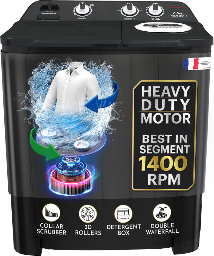Thomson 7.5 kg 5 Star Aqua Magic with Double Waterfall, Detergent Box, 3D Rollers Technology, Magic Filter, Collar Scrubber, Turbo Dry Technology, Semi Automatic Top Load Washing Machine Black(TSA7500SP)