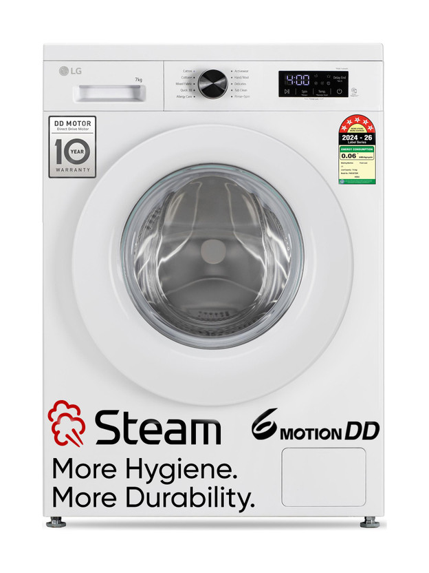 LG 7 kg 5 Star, Allergen free with Steam, Inverter Direct Drive - Less vibration, less noise, 6 Motion Direct Drive, Touch Panel, 1200 RPM, Essence Fully Automatic Front Load Washing Machine with In-built Heater White(FHB1207Z2W)