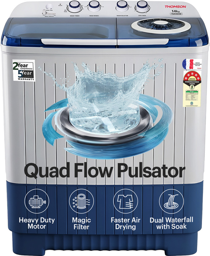 Thomson 14 kg 5 Star Aqua Magic with Double Waterfall, Heavy Duty Motor, Magic Filter, Advanced Soak Technology, Collar Scrubber, Turbo Dry Technology, Semi Automatic Top Load Washing Machine Blue, White(TSA1400D)