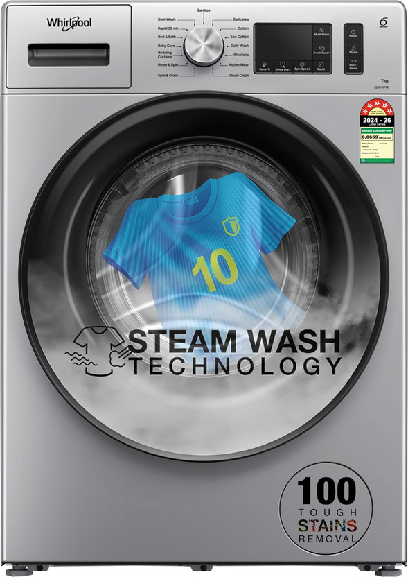 Whirlpool 7 kg 5 Star Inverter 100+ Tough Stains, Steam Technology Fully Automatic Front Load Washing Machine with In-built Heater Silver(SUPREME CARE SILVER 7012 -E)