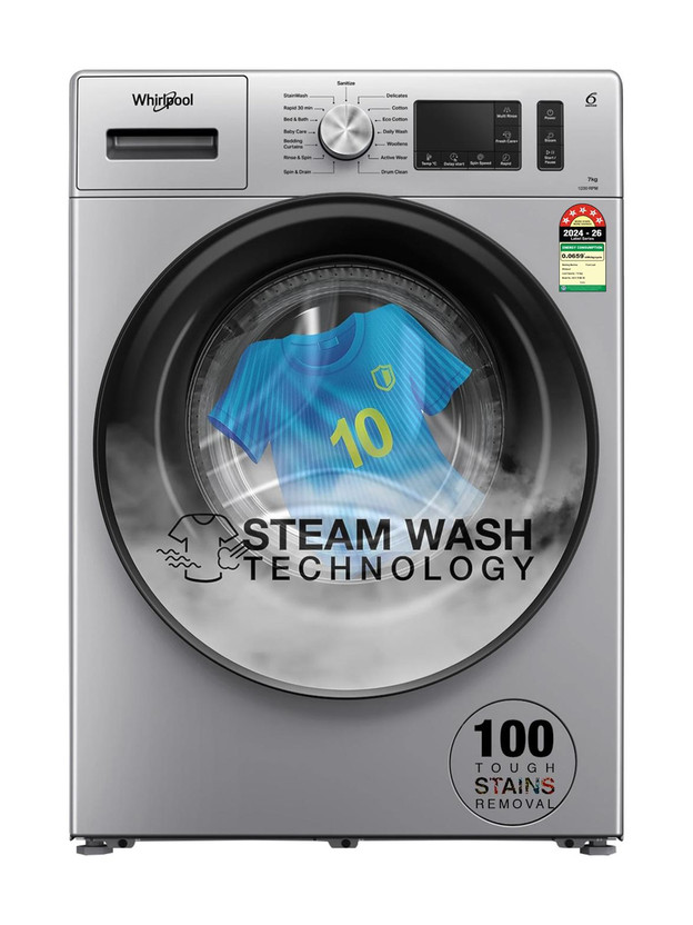 Whirlpool Whirlpool 7 kg 5 Star Inverter 100+ Tough Stains, Steam Technology Fully Automatic Front Load Washing Machine with In-built Heater Silver(SUPREME CARE SILVER 7012 -E) - Flipkart Deal