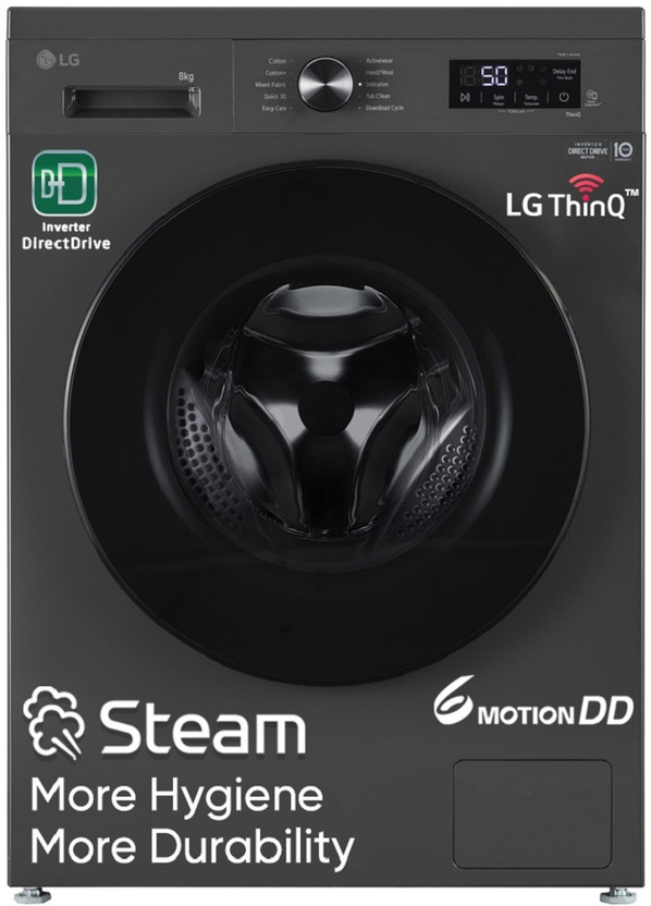 LG 8 kg 5 Star, Inverter Direct Drive Technology, Wi-Fi Enabled, 6 Motion DD, Steam Fully Automatic Front Load Washing Machine with In-built Heater Grey, Black(FHB1208Z4M)