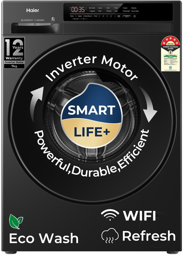 Haier 7 kg AI Smart Wash (AI-DBT) , PuriSteam , 525mm Super Drum Fully Automatic Front Load Washing Machine with In-built Heater Black(EFL70-IM12F3BKU1)