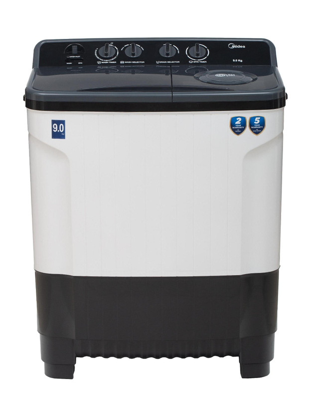 Midea 9 kg 5 Star Rat Away Feature, Air Jet Dry IPX4 Protection Semi Automatic Top Load Washing Machine Black, White(MWMSA090PPG(KW))