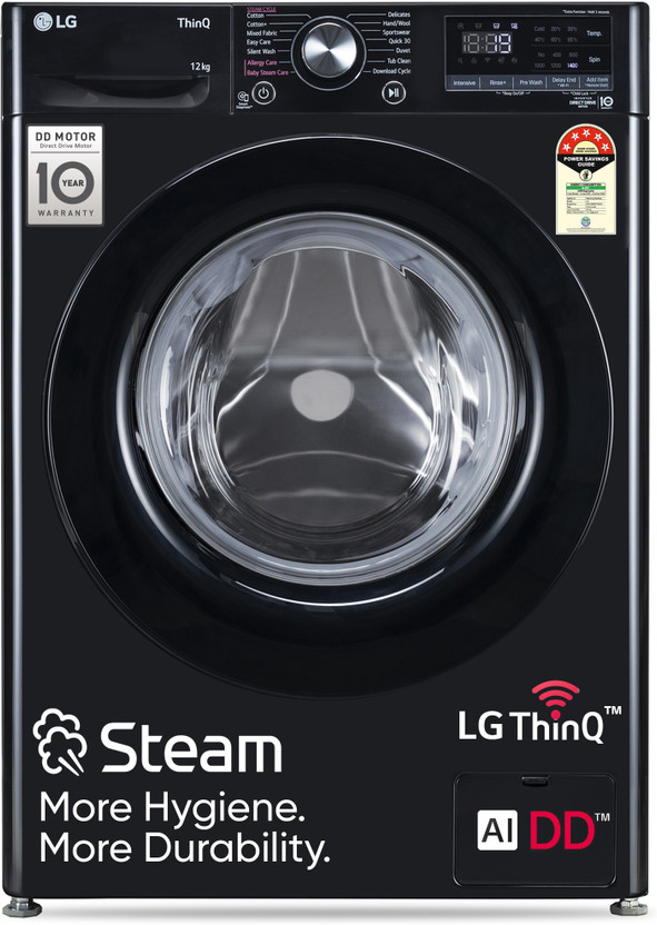 LG 12 kg 5 Star, AI Direct Drive Technology, Wi-Fi Enabled, Steam Wash, Intelligent & Convenient Fabric Care, Allergy Care, Remote Control, In-Built Heater Fully Automatic Front Load Washing Machine with In-built Heater Black(FHP1412Z3O)
