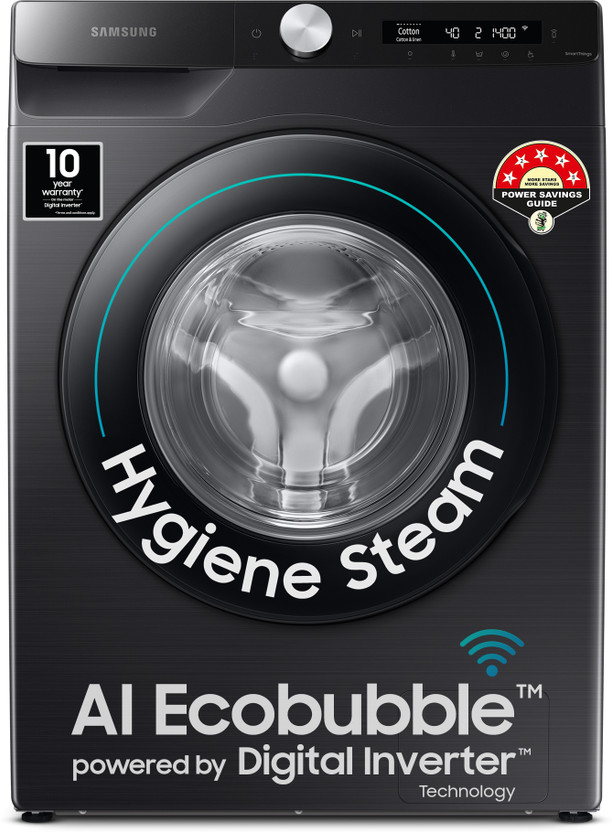 Samsung 8 kg 5 Star, AI Ecobubble, Wi-Fi, Hygiene Steam,Digital Inverter Fully Automatic Front Load Washing Machine with In-built Heater Black(WW80T504DAB1TL)