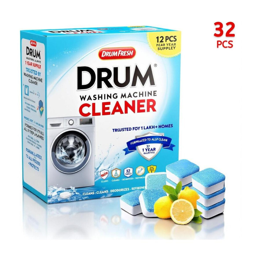 DrumFresh 32Pcs High Quality Washing Machine Essential Machine Tabs Detergent Powder (Lemon)(32 g)