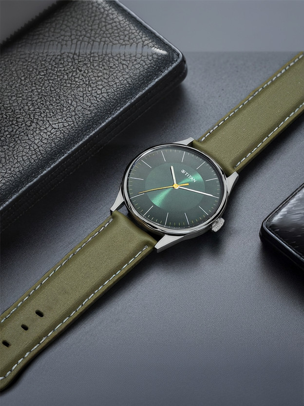 Titan NP1802SL04 Titan Workwear Green Dial Olive Green LeatherStrap Analog Watch  - For Men