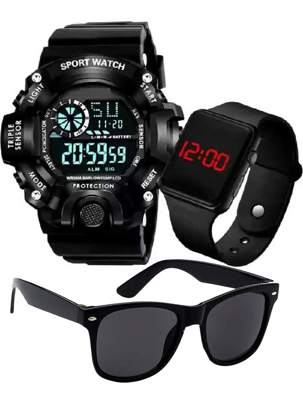 DKERAOD Black-Square-Wayfarer-Combo Wrist Watch LED Calendar Waterproof Gi Watch Kids Sports Watch Digital Watch  - For Boys