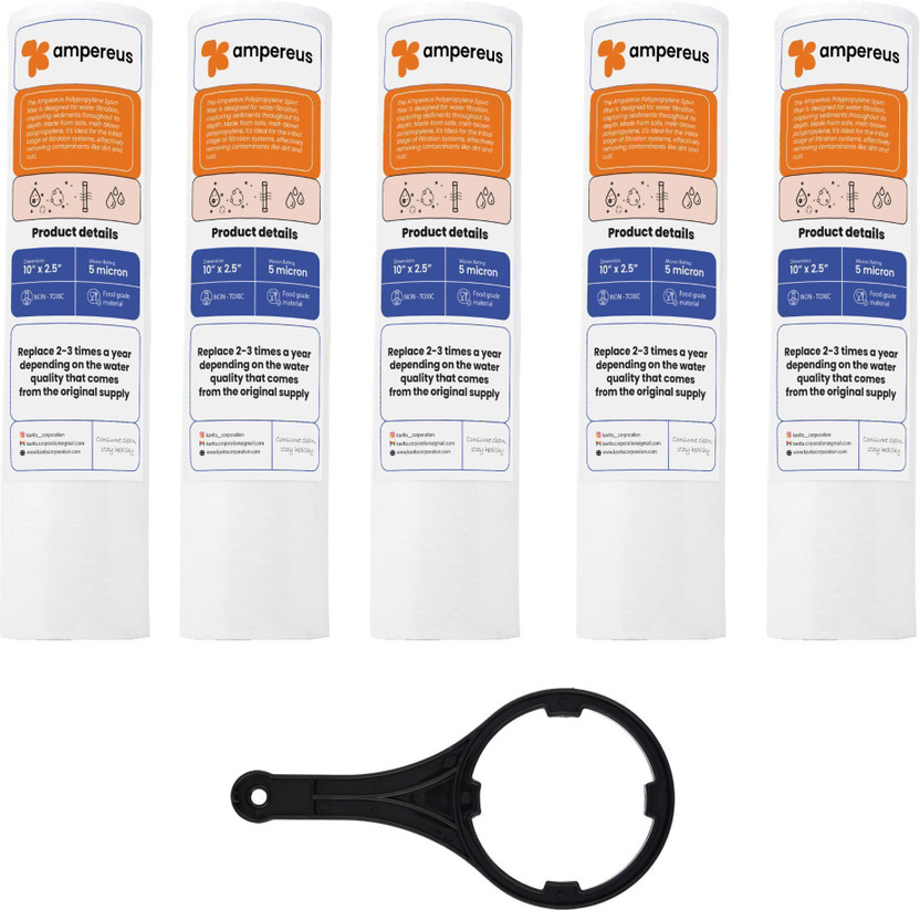 AMPEREUS 5pcs PP Spun Filter + 1 Spanner | for All Types of RO Water purifiers (5 Piece, White, 10 Inch, 5 Micron) - RO Spun Filter Cartridge Water Filter Candle Solid Filter Cartridge(0.5, Pack of 6)