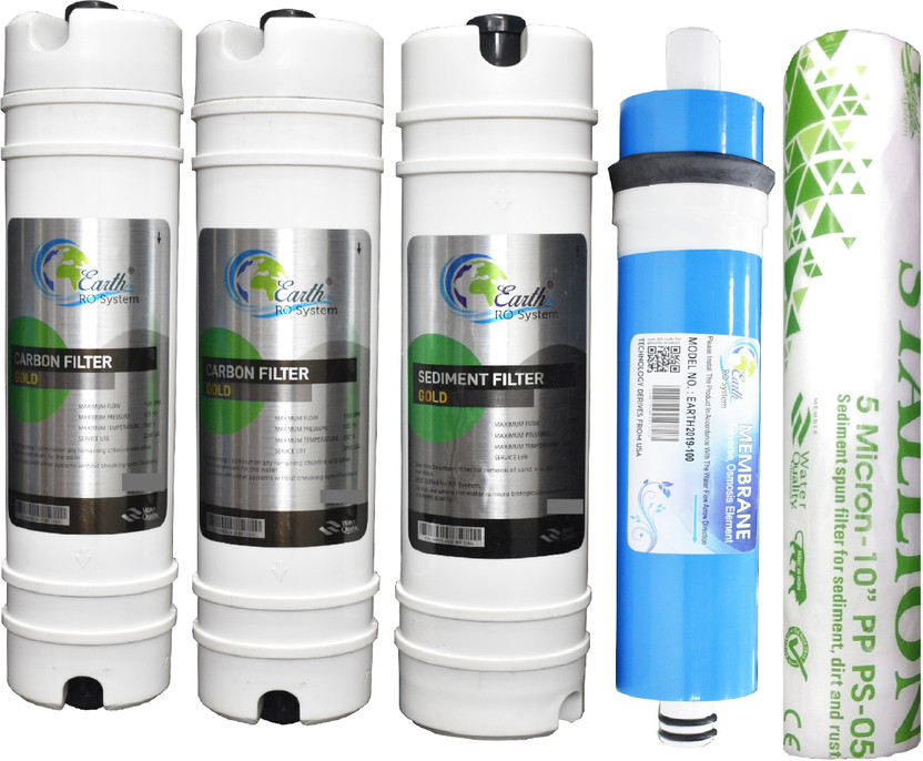 Earth Ro System Earth Gold Filter Carbon and Sediment Filter set,EARTH 100 GPD BLUE Membrane and PP Spun/candel Ro service kit,Premium Quality Useful For All type Domestic Water purifier Solid Filter Cartridge(0.5, Pack of 5)