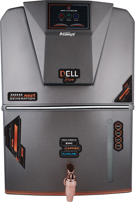Always Dellpure Metallic Zinc Copper Alkaline RO with LED INDICATOR 12 L RO + UV + UF + TDS Water Purifier(Grey)