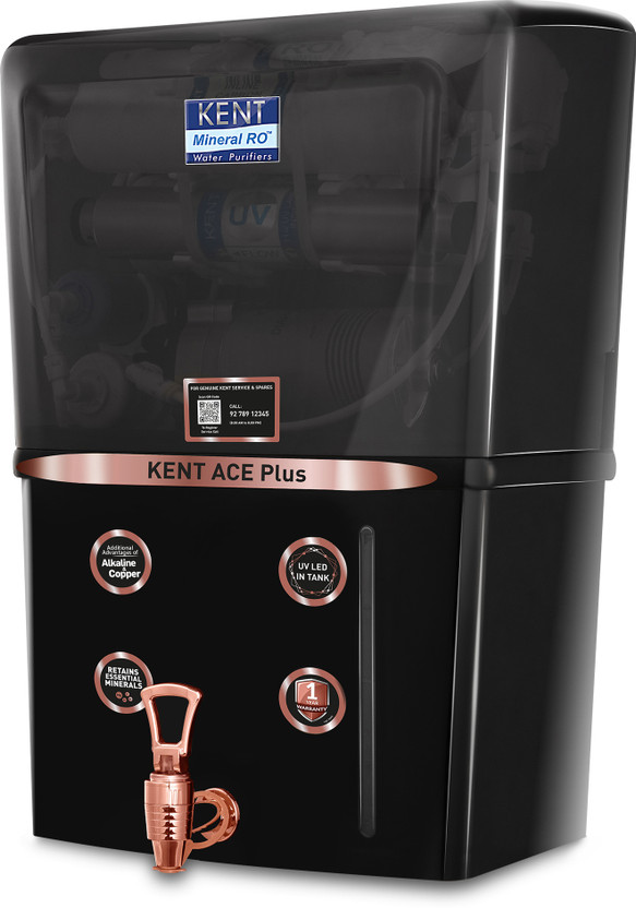 KENT ACE Plus- B 8 L RO + UV + UF + Copper + Alkaline + TDS Control Water Purifier Advanced ROTech for Sabse Shudh Paani Auto Flush 8L 20LPH Ideal for Borewell/Tanker/Municipal Water(Black)
