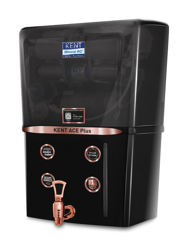 KENT ACE Plus- B 8 L RO + UV + UF + Copper + Alkaline + TDS Control Water Purifier Advanced ROTech for Sabse Shudh Paani Auto Flush 8L 20LPH Ideal for Borewell/Tanker/Municipal Water(Black)