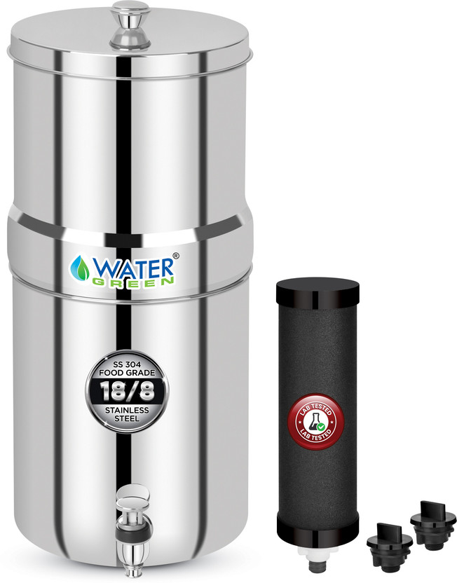 WATER GREEN 304 Grade SS Jointless Water Filter With Carbon Candle I Mirror Finish I 17 L Gravity Based Water Purifier(Silver)
