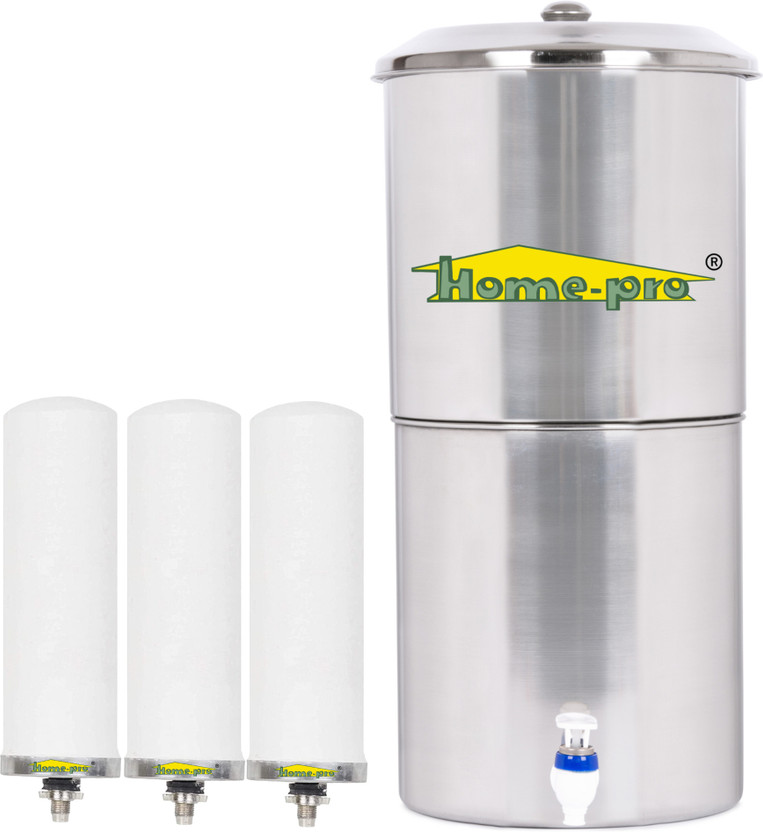 Home-pro Stainless Steel Water Filter | Non Electric | Long Ceramic Candle 3 | 27 L Gravity Based Water Purifier(Silver)
