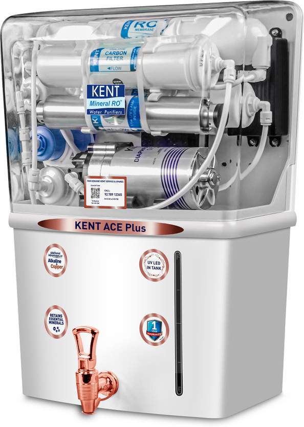 KENT Ace Plus Alkaline+Copper 8 L RO + UV + UF + Alkaline + Copper + TDS Control + UV LED Water Purifier Advanced ROTech for Sabse Shudh Paani Auto Flush 8L 20LPH Ideal for Borewell/Tanker/Municipal Water(White)