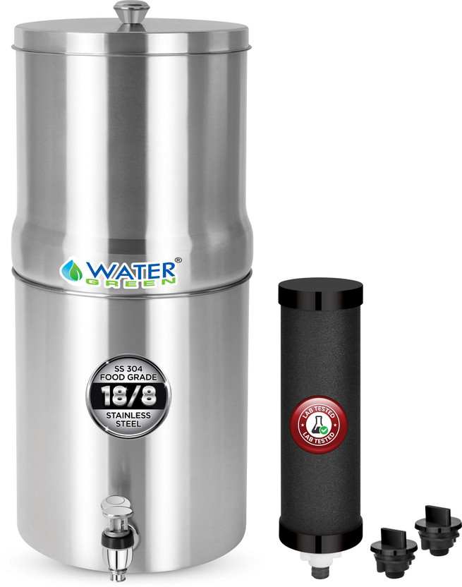WATER GREEN 304 Grade SS Jointless Water Filter With Carbon Candle I Matt Finish I 17 L Gravity Based Water Purifier(Silver)