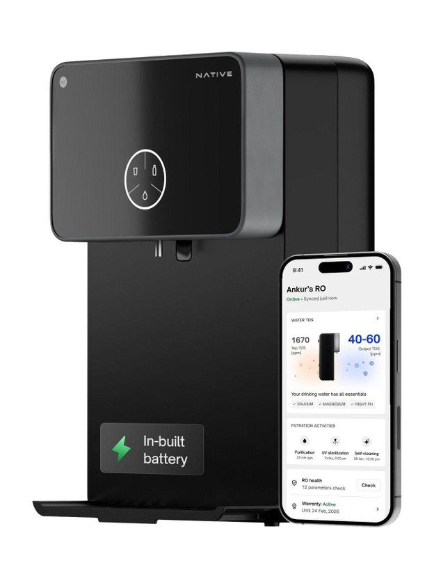 NATIVE By Urban Company M2 Pro 7 L. RO + UV + Alkaline + Minerals Water Purifier 10-Stage Smart Water Purifier | In-built power backup | No Service for 2 Years | Advanced Smart iOT Tracking(Matte Black)