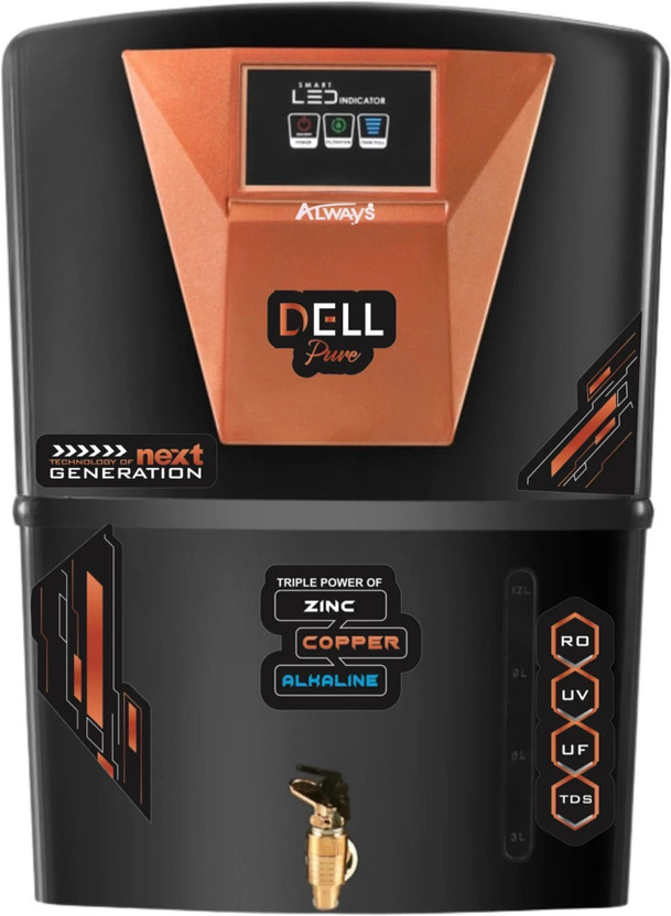 Always Dellpure Copper 9 Stage Purification Water purifier With LED INDICATOR 12 L RO + UV + UF + TDS + ALK + Copper Water Purifier(Black-Copper)