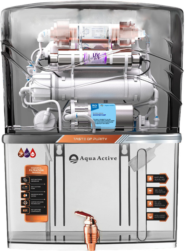 AquaActive RO+UV+PH+B12+TDS Adjuster 10 L RO + UV + CU Guard + Alkaline Enhancer + Mineral Water Purifier(black transparent)