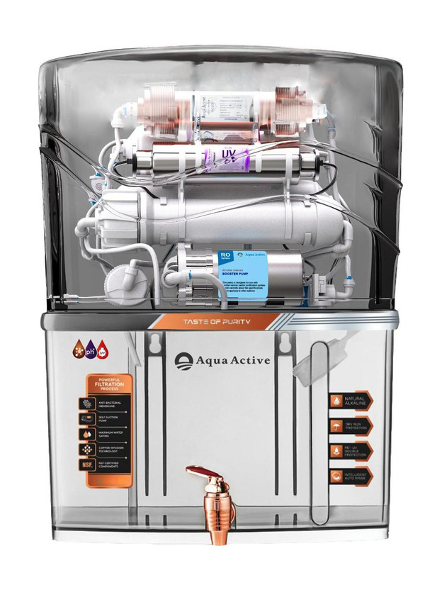 AquaActive RO+UV+PH+B12+TDS Adjuster 10 L RO + UV + Copper + Alkaline + Minerals Water Purifier(black transparent)