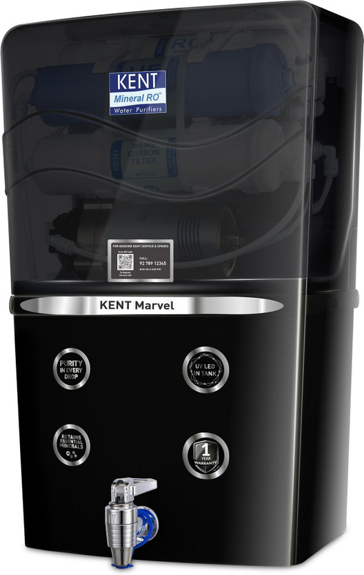 KENT Marvel 8 L RO + UF + TDS Control + UV LED Water Purifier Advanced RO Tech for Sabse Shudh Paani 8L 20LPH Flow Ideal for Borewell/Tanker/Municipal Water Largest Service Network(Black)