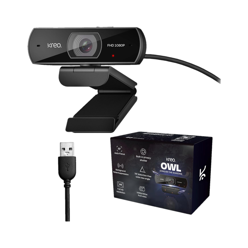 Kreo Owl Full HD Webcam 1080p, with Microphone, USB Connectivity, | 60 FPS with Auto-Focus, Built-in Privacy Shutter with 360 Rotation and Plug and Play Setup for Video Call, Streaming, YouTube and More(Black)